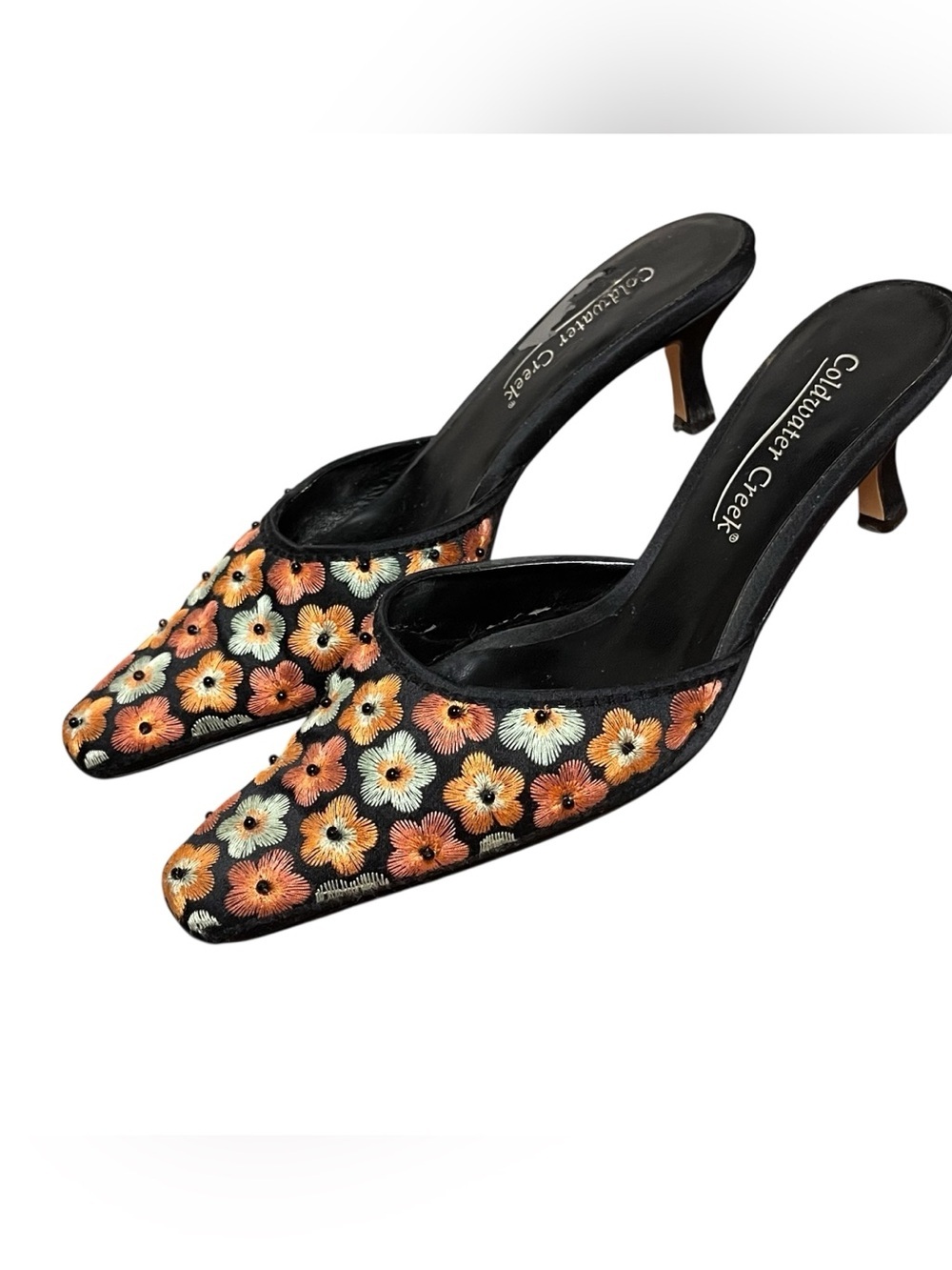 Floral Beaded Kitten Heels Coldwater Creek Embroidered Mules Black Pointed Toe 7